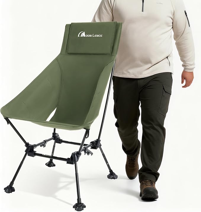 MOON LENCE Oversized Camping Chair for Adults, Height Adjustable High-Back Folding Camping Chair with 400 lbs Capacity, Hidden Pillow Pocket and Wide Seat for Camping, Hiking, Picnics, Green