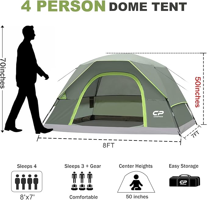 CAMPROS CP Tents for Camping 4 Person Tent Waterproof Windproof Double Layer Camping Tent, Easy Setup Dome Tent with Large Mesh Windows & Wider Door for Outdoor Camping & Hiking