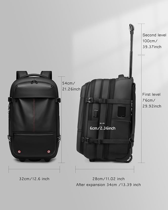 Fiordcase Vacuum Rolling Backpack with Vacuum System, Pump and Charging Port, Carry On Luggage with Vacuum Seal Bag, Wheels, TSA Lock, Travel Suitcase with Vacuum Compression Bag for 17" Laptop