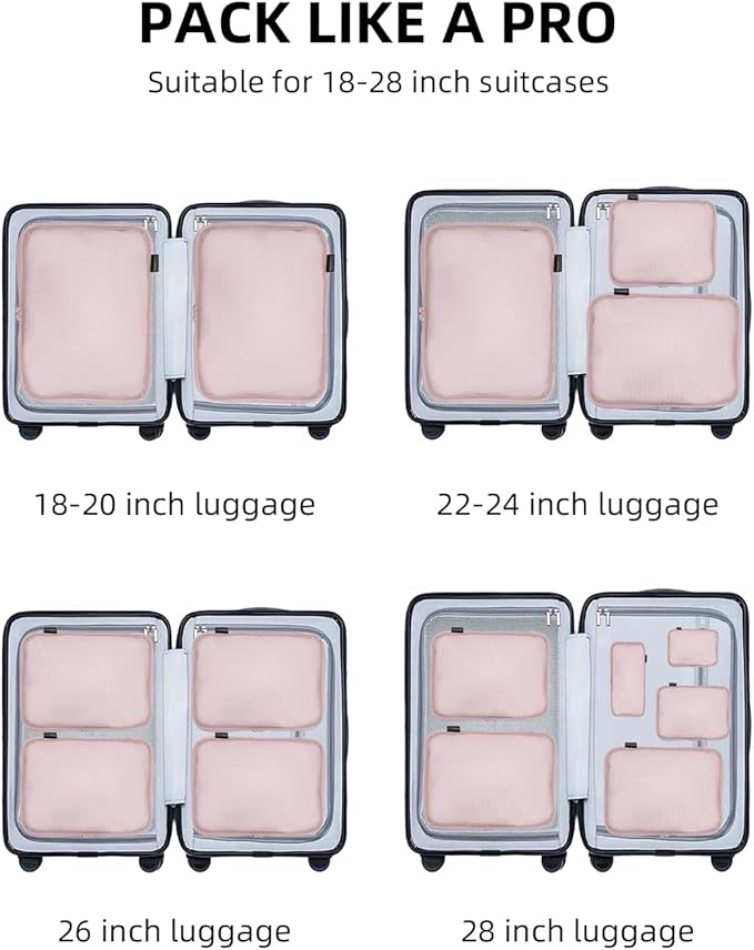 6 Set Compression Packing Cubes, Suitcase Storage Bags for Clothes and Travel Essentials (Dusty Pink)