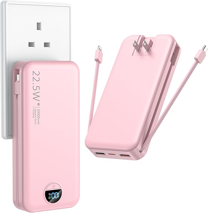 Portable Charger with Wall Plug, 20000mAh USB C Power Bank Fast Charging, External Battery Pack with Built in Cables, Digital Display, 5 Output 2 Input for iPhone Android Cell Phone Tablet