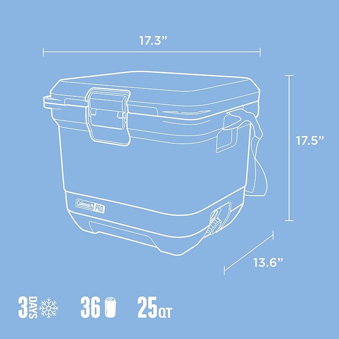 Coleman Pro Heavy-Duty 25qt Ultra-Light Premium Hard Cooler, Extra-Thick Insulation Keeps Ice up to 3 Days, 36-Can Capacity