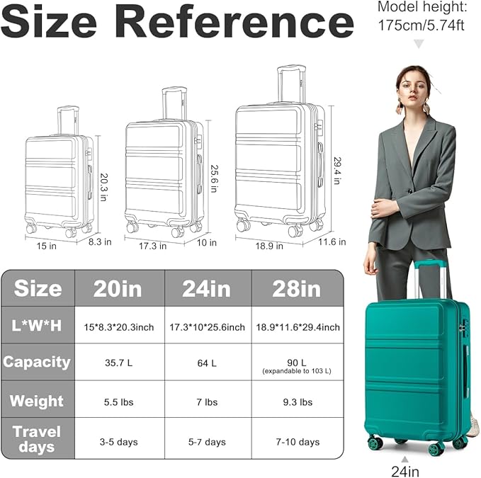 Kono 24 Inch Luggage Suitcase Lightweight with Spinner Wheels TSA Lock Hardside Medium Checked Luggage Durable Rolling Suitcase Turquoise