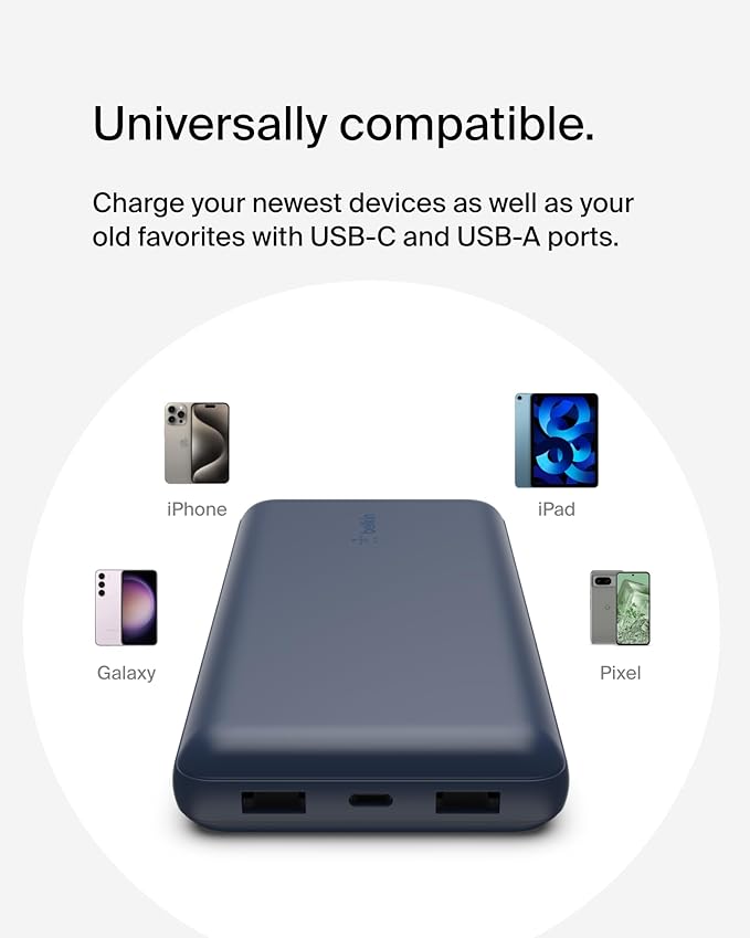 Belkin Portable Charger, USB C Power Bank 20000 mAh w/ 2 USB-A Ports, 15W w/ Type-A to Type-C Cable - iPhone 17, Air, Pro, Pro Max, AirPods, Samsung Galaxy S25, S24, Google Pixel 10, iPad, etc. - Blue