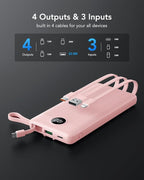 VRURC Portable Charger, 22.5W Power Bank 10000mAh, USB-C Cable in & Out Fast Charging Battery Pack, Compact Travel Essential 4 Outputs 3 Inputs for iPhone 16 15 14 13,Samsung, Android etc-Pink