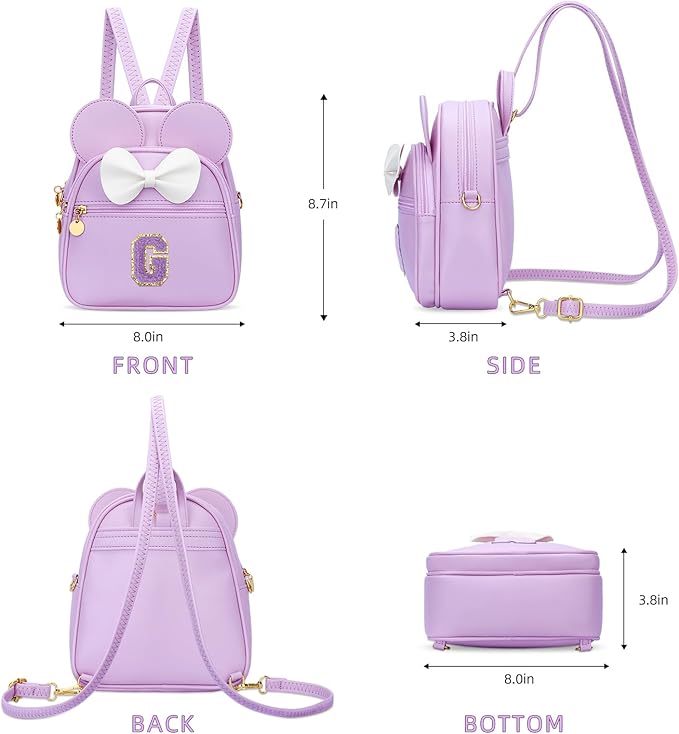 KKXIU Girls Initial Bowknot Cute Mini Backpack for Toddler, Travel Small Girl Backpacks, Personalized Birthday Gifts for Little Girls and Kids(G, Purple)
