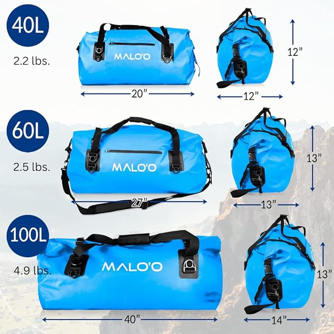 Malo’o Waterproof Dry Duffel, Heavy-Duty Roll Top Waterproof Gear Bag with Shoulder Strap & Molle Loops, Marine Duffel for Kayaking, Boating, Camping, Beach & Travel, Blue, 40L