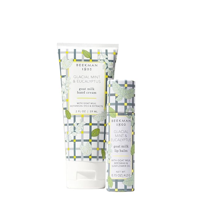 Beekman 1802 Goat Milk Hand Cream & Lip Balm Set – Hydrating Skincare Duo for Dry Hands & Chapped Lips – Moisturizing Hand Lotion & Lip Care Gift Set, Travel Size – Glacial Mint & Eucalyptus
