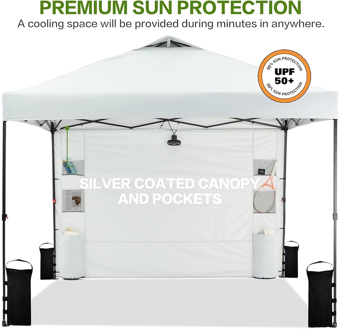 10'x10' Pop Up Canopy Tent with 1 Sidewall and 6 Pockets, One Push Setup, Instant Shade Tent with Vented Roof for Beach Patio Outdoor, Case, 8 Stakes, 4 Ropes, 4 Sandbags (White)