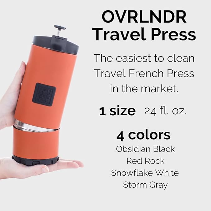 OVRLNDR Travel Coffee French Press, 24 fl.oz Drinkable Capacity, Vacuum Insulated, Easy To Clean Removable Bottom, No Spill Lid, On The Go Coffee Brewing (Red Rock)
