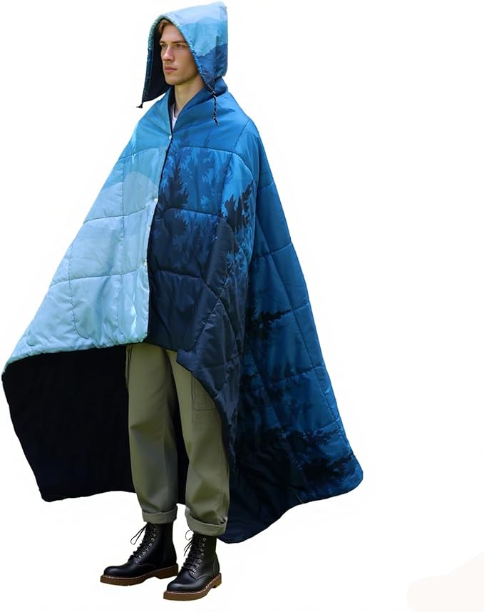 zzlamb Hooded Stadium Blanket,Waterproof Outdoor Camping Blanket Polar Fleece,Warm Windproof Portable for Stadium,Sports,Picnic,Beach,Car,Pets,56x75in Cyan Ridge Fade