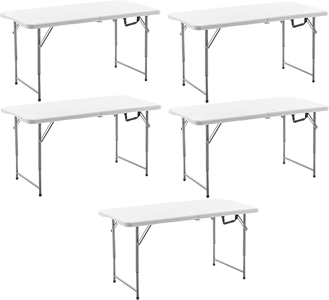 BTEXPERT Set of 5, 4ft Folding Utility Table Fold-in-Half Lightweight Height Adjustable Portable Carrying Handle Indoor Outdoor Picnic Camping Office Home Party Easy to Clean Store White Set of 5