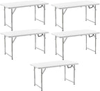 BTEXPERT Set of 5, 4ft Folding Utility Table Fold-in-Half Lightweight Height Adjustable Portable Carrying Handle Indoor Outdoor Picnic Camping Office Home Party Easy to Clean Store White Set of 5