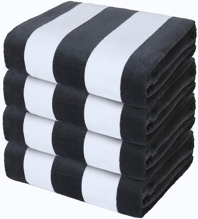 Exclusivo Mezcla 4 Pack Cotton Oversized 35x70 Inches Soft Cabana Stripe Thick Beach Towel, Super Absorbent Travel Bath Pool Towel (Charcoal Grey)