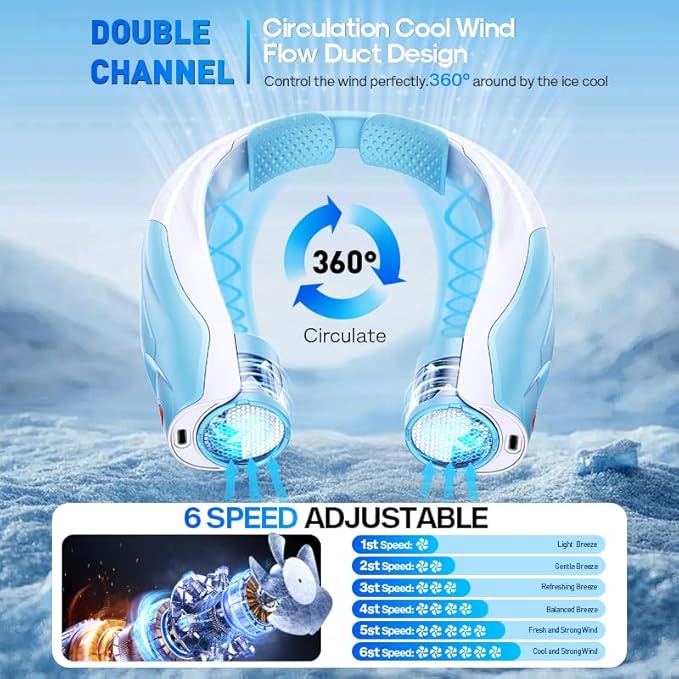Hands-Free Portable Neck Fan - 6000mAh High Capacity Battery, USB Dual Port Fast Charging, Ultra-Quiet 6 Speeds Cooling Air, 360° Airflow for Outdoor, Indoor, Office, Travel - Blue