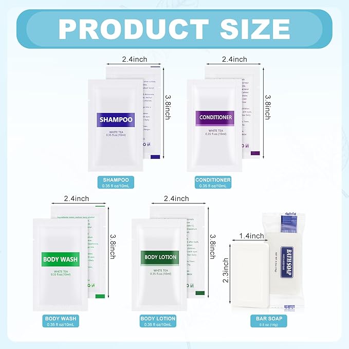 5IN1 Toiletries Bulk Travel Size Set(50 Pcs) 5-Piece Set: 10pcs Travel Size Body Wash, 10pcs Hotel Shampoo, 10pcs Mini Conditioner, 10pcs Body Lotion, 10psc Bar Soap, Bulk Mini Guest Amenities Supply