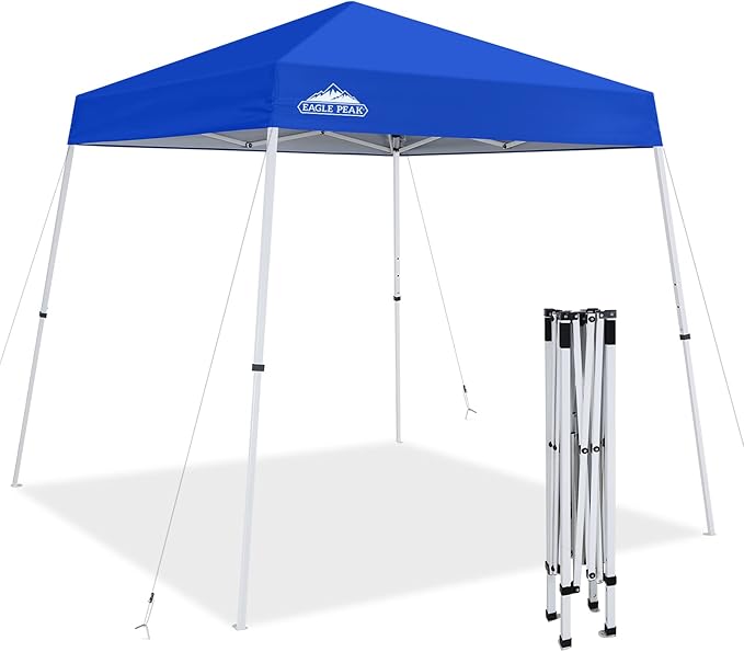 EAGLE PEAK 8x8 Slant Leg Pop-up Canopy Tent Easy One Person Setup Instant Outdoor Beach Canopy Folding Portable Sports Shelter 8x8 Base 6x6 Top (Blue)