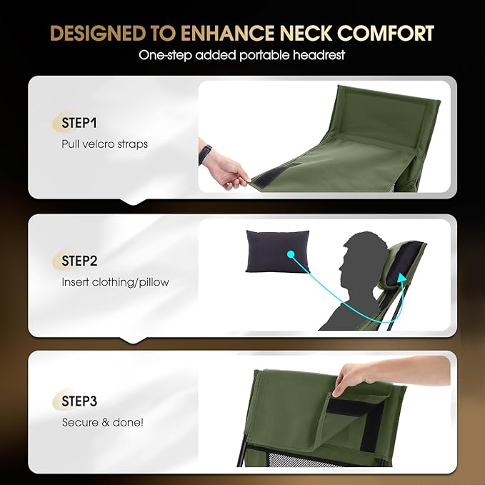 MOON LENCE Oversized Camping Chair for Adults, Height Adjustable High-Back Folding Camping Chair with 400 lbs Capacity, Hidden Pillow Pocket and Wide Seat for Camping, Hiking, Picnics, Green