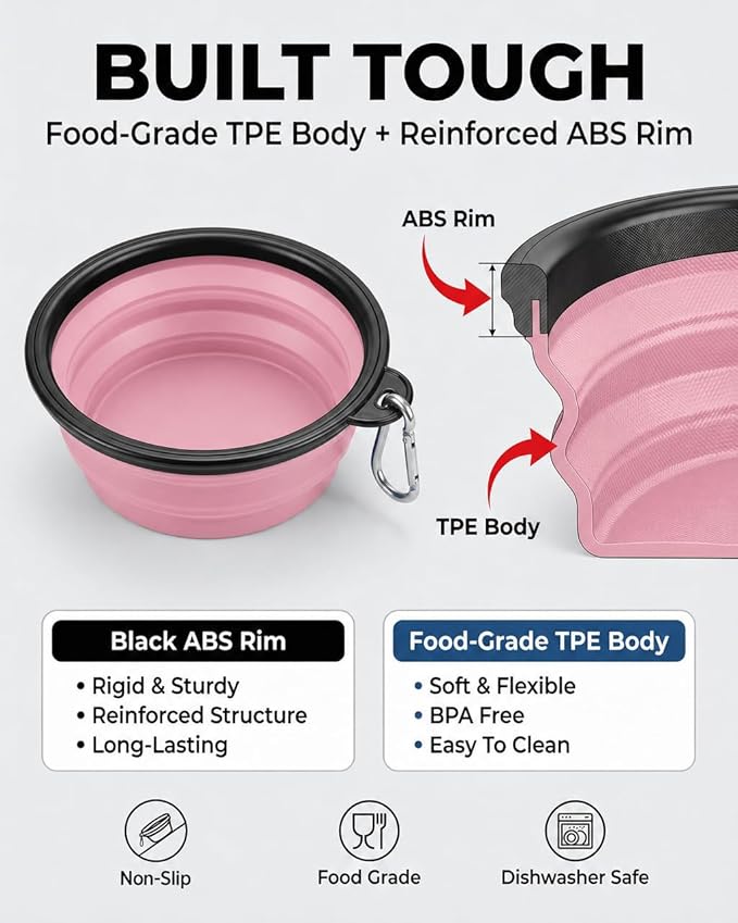 Collapsible Dog Bowls for Travel, 2-Pack Dog Portable Water Bowl for Dogs Cats Pet Foldable Feeding Watering Dish for Traveling Camping with Carabiners, BPA Free (Grey&Pink, Large)