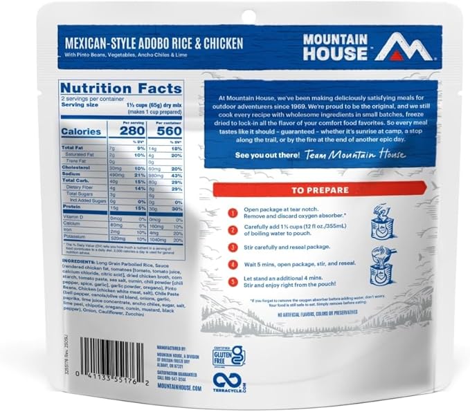 Mountain House GlutenFree MexicanStyle Adobo Rice & Chicken FreezeDried Food for Camping, 12 Servings, 30Year ShelfLife