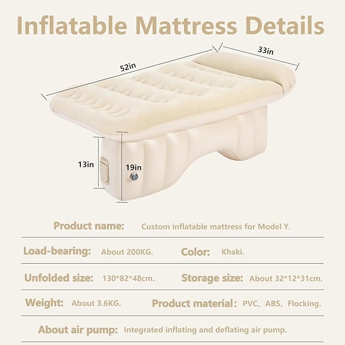 Self-Inflating SUV Air Mattress Back Seat with Built-in Pump - Portable Air Couch for Car Camping Travel, Flocking Surface, Fast Inflation Deflation, Beige Brown