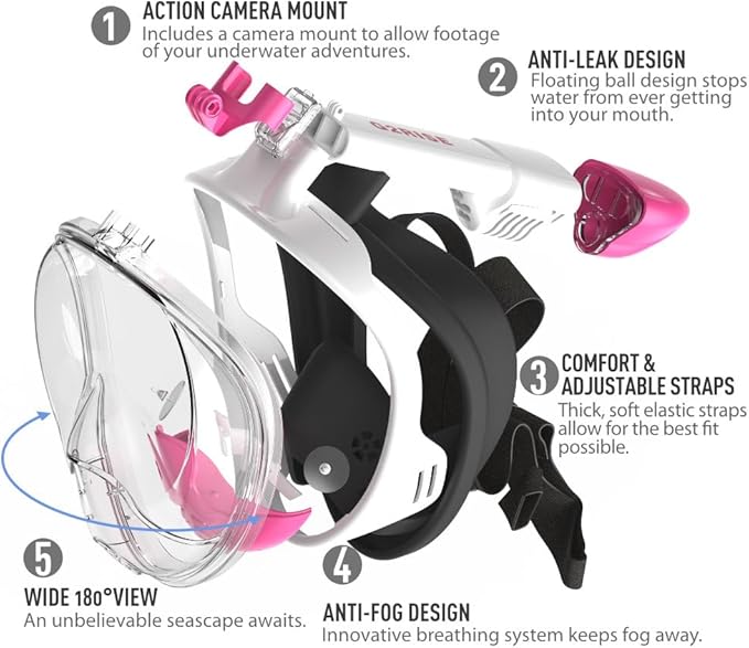 G2RISE Full Face Snorkel Mask Adults Snorkeling Set Gear for Kids with Detachable Camera Mount, Safe Breathing, Anti Fog Anti Leak