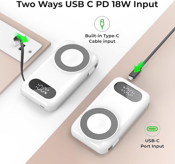 Magnetic Portable Charger 26800mAh for iPhone 16/15/14/13/12 with Built-in Cables，6-in-1 Wireless Power Bank with iWatch Charger and Compatible with Samsung, Android Phones, AirPods(White)