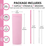 Volhoply 20oz Plastic Skinny Tumblers Bulk 4 Pack,Double Wall Tumbler with Lid and Straw,Reusable Travel Iced Coffee Mug,BPA Free Matte Acrylic Water Cups With Straw for Party,DIY Gifts(Pink, 4 Set)