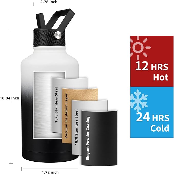 Insulated Water Bottle 64oz,Triple Wall Vacuum Stainless Steel(Dishwasher Safe),Leak Proof & Non-BPA,Flask Jug with Paracord Handle & Straw Spout Lids Sports Gradient black