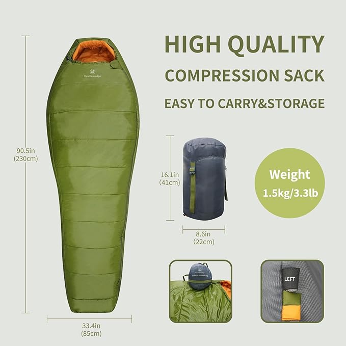 3-4 Seasons Shingle Sleeping Bag 15℉ with Inner Pocket for Adult,Perfect for Backpacking,Traveling and Hiking,Including Free Compression Stuff Sack.