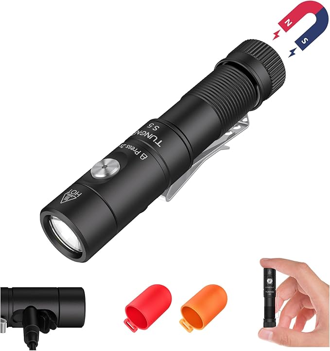 S5 1400 Lumens Mini Flashlight Rechargeable- Super Bright LED Pocket Light with Magnet & Clip, Red/Orange Diffuser,Small AA EDC Flashlight for Outdoor, Camping, Hiking, Emergency
