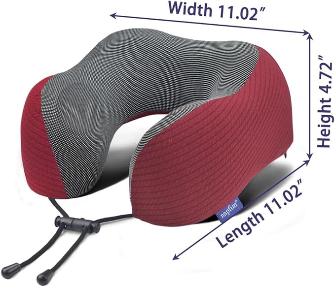 napfun Neck Pillow for Traveling, Upgraded Travel Neck Pillow for Airplane 100% Pure Memory Foam Travel Pillow for Flight Headrest Sleep, Portable Plane Accessories, Wine-Red Set, Medium (120-200LB)