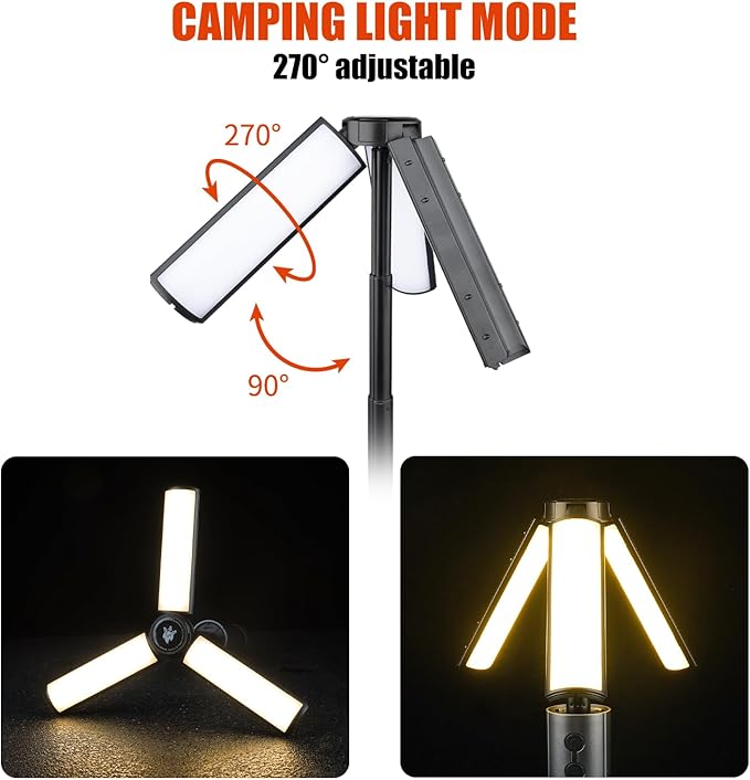 Rechargeable 3000mAh Camping Light with Stand 10w Max Power, Cordless Work Light with 3 LED Lamp Heads, Emergency Flashlight with Detachable Tripod, Black