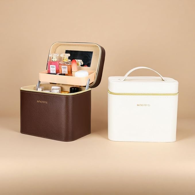 Fashion makeup box, Portable leather hard cosmetic case with mirror, Professional train case make up box for women adults. (Double-white)