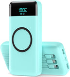 Wireless Portable Charger 40800mAh with 3 Built-in Cables,7-in-1 15W Wireless Charging Power Bank,25W PD QC 4.0 Fast Charging USB C LCD Display Battery Pack for iPhone 16/15/13,Samsung,Android-Green