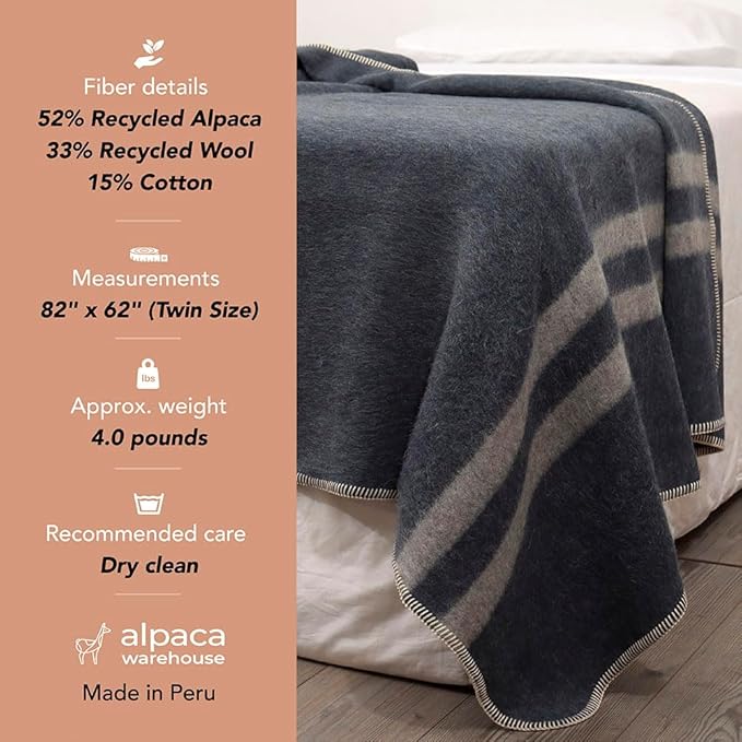 Thick Alpaca Wool Blanket Heavyweight for Camping Outdoors or Using Indoors Soft Peruvian Alpaca Wool Blankets (Ivory - Soft Gray, Twin)