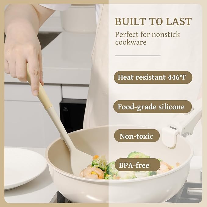 Kikcoin 43Pcs Large Kitchen Utensils Set - Silicone Cooking Utensils Set, Dishwasher Safe Spatula Set for Non-stick Cookware, 446°F Heat Resistant Kitchen Utensils Set with Holder BPA Free, Cream