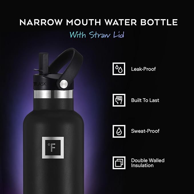 IRON °FLASK Camping & Hiking Hydration Canteens - 3 Lids (Narrow Straw Lid) Leak Proof Vacuum Insulated Stainless Steel - Hot & Cold Double Walled Sports Water Bottle - Bubble Gum, 32 Oz