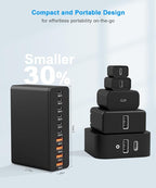 USB C Charging Station 10 Port with 4 USB Cables, 200W GaN Type C Charger Block, Wall Charger Power Strip Adapter Plug for iPad iPhone17 16 15 14 13 12 Pro Max Pixel Note Galaxy