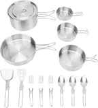 13 Piece Camping Cookware Set Stainless Steel Pots and Pans Set with Folding Forks Spoons Spatulas, Portable Lightweight Camping Mess Kit for Backpacking, Outdoor Cooking
