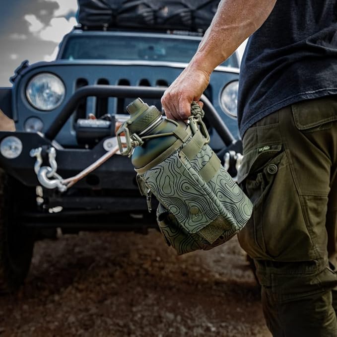 Iron Infidel Battle Bottle - Half Gallon Insulated Stainless Steel Water Jug with Handle - Gym Bottle for Men with Rugged Sleeve (Overland 2 Liter)