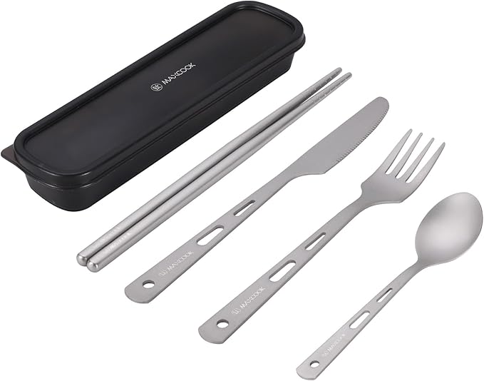 Pure Titanium Utility Cutlery Set, Portable tableware titanium utensil set with case, Pure Titanium Table Spoon Fork Chopsticks Knife set for Outdoor Travel Camping Backpacking (Total 5 PCS)
