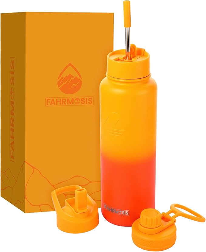 40 Oz Water Bottle with Straw Stainless Steel Sports Water Bottle with 3 Lids (Straw, Chug and Flip Lid) Insulated Leak Proof Metal Jug for Men & Women - Orange Fusion