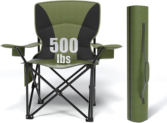 Heavy Duty Folding Chair 500LB Capacity, Oversized Camping Chairs with Cup Holder, Cooler Bag & Storage Pouch, Double-Layer Fabric, Outdoor Chairs for Sports, Lawn Chairs (1, Black Green, Extra Large)