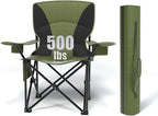Heavy Duty Folding Chair 500LB Capacity, Oversized Camping Chairs with Cup Holder, Cooler Bag & Storage Pouch, Double-Layer Fabric, Outdoor Chairs for Sports, Lawn Chairs (1, Black Green, Extra Large)