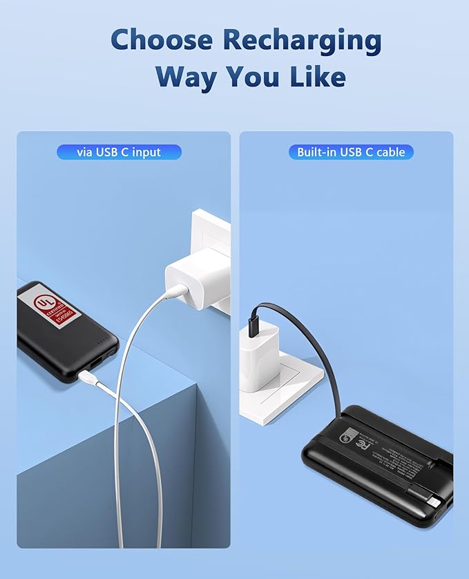 Miady 2-Pack Small Portable Charger UL Listed, 5000mAh Slim Power Bank Built-in 2 Cables Compatible with iPhone 17/16/15/14/13 Galaxy S24/S22 etc (Lake Green+Clove Purple)