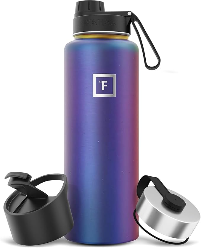 IRON °FLASK Camping & Hiking Hydration Flask with 3 Lids - Stainless Steel, Double Walled & Vacuum Insulated Water Bottle - Leak Proof & BPA Free (Aurora, Spout - 40 oz)