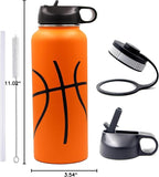 40 oz Basketball Water Bottle, Sports Flask Metal Thermal Travel Mug with 2 Lids, Stainless Steel Double Wall Vacuum Insulated Leak Proof Water Jug, Basketball Accessories Stuff Gifts for Boys Girls