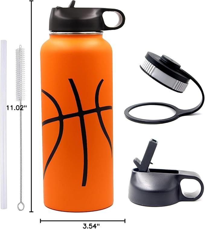 40 oz Basketball Water Bottle, Sports Flask Metal Thermal Travel Mug with 2 Lids, Stainless Steel Double Wall Vacuum Insulated Leak Proof Water Jug, Basketball Accessories Stuff Gifts for Boys Girls
