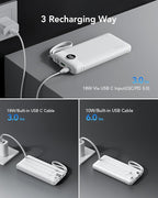 VRURC Portable Charger, 22.5W Power Bank 10000mAh, USB-C Cable in & Out Fast Charging Battery Pack, Compact Travel Essential 4 Outputs 3 Inputs for iPhone 16 15 14 13,Samsung, Android etc-White